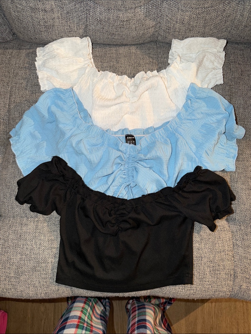 SHEIN three Ruffle Off-Shoulder Crop Tops - White, Blue, Black
